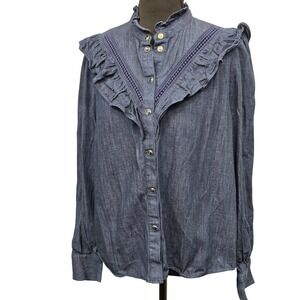 Kate Spade Denim Ruffle Collar Button Up Shirt Women size M preppy minimalist
